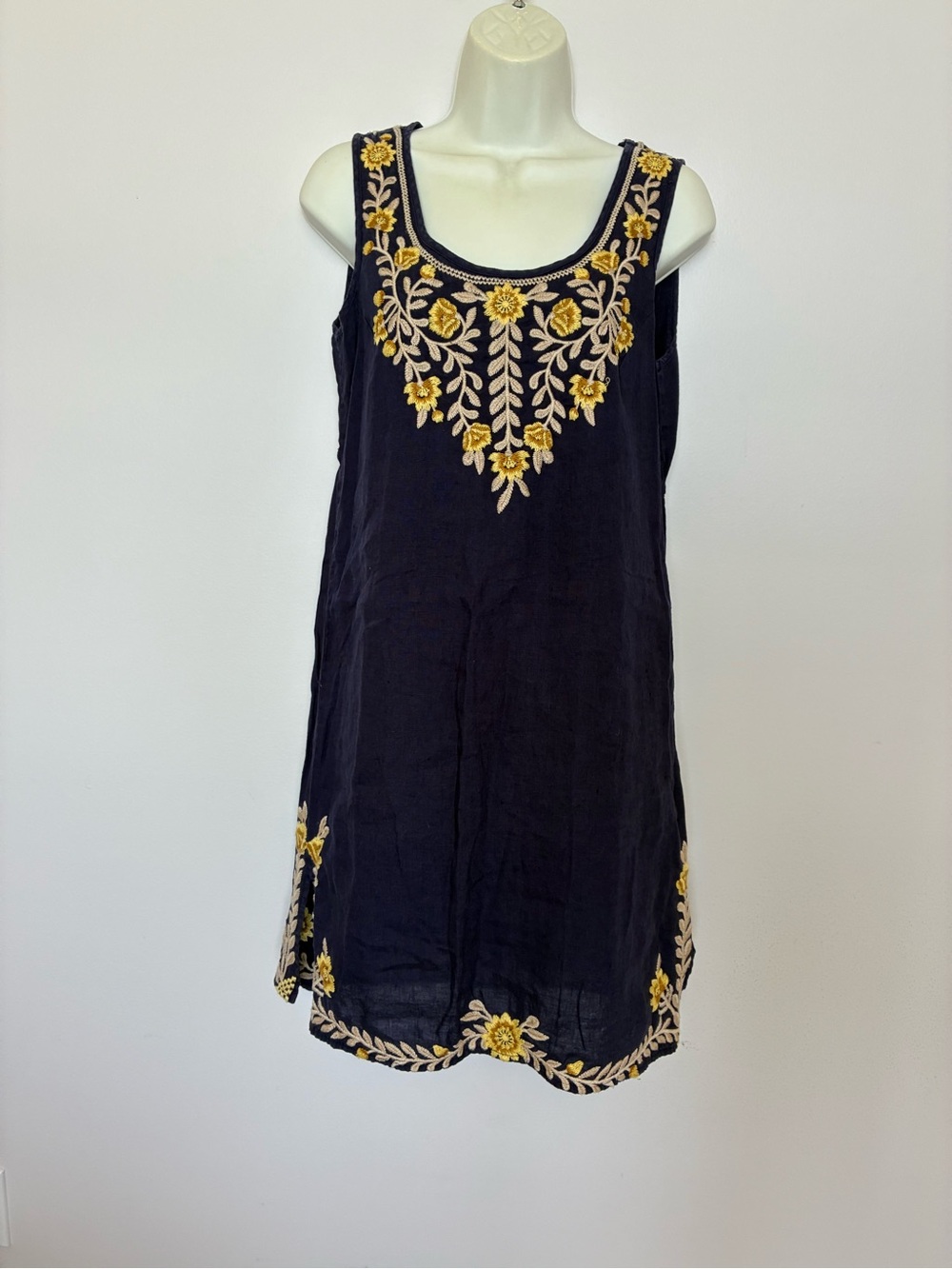 Johnny Was Navy Embroidered 100% Linen Dress, Sz XS